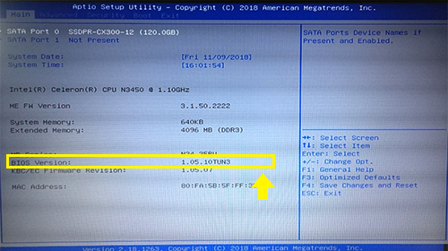 ノートパソコン BIOSバージョン情報確認画面